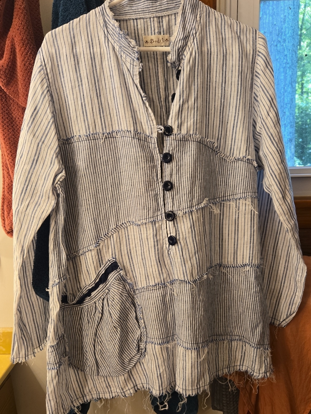 BODIL striped patchwork pocket tunic top blouse lagenlook linen blue XL art work